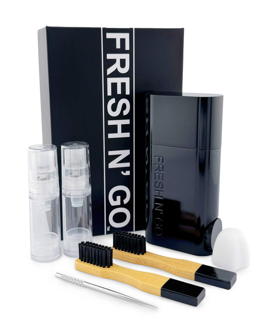 Midnight Black travel toothbrush kit with accessories and packaging