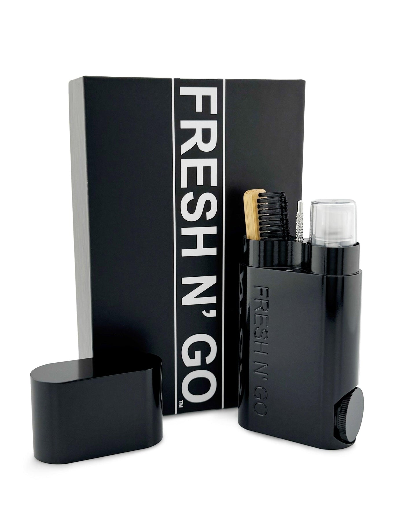 Midnight Black oral care kit open with accessories and packaging