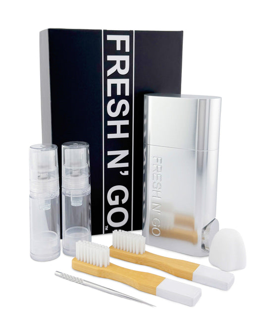 Polished Silver toothbrush kit with accessories and packaging