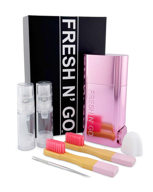 Sunset Blush Pink toothbrush kit with accessories and packaging