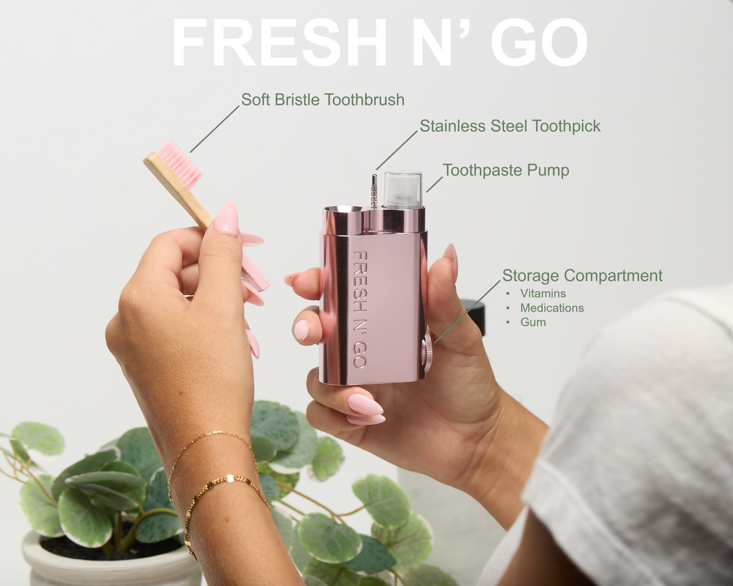 Sunset Blush Pink FRESH N’ GO Kit with labeled accessories and pink toothbrush